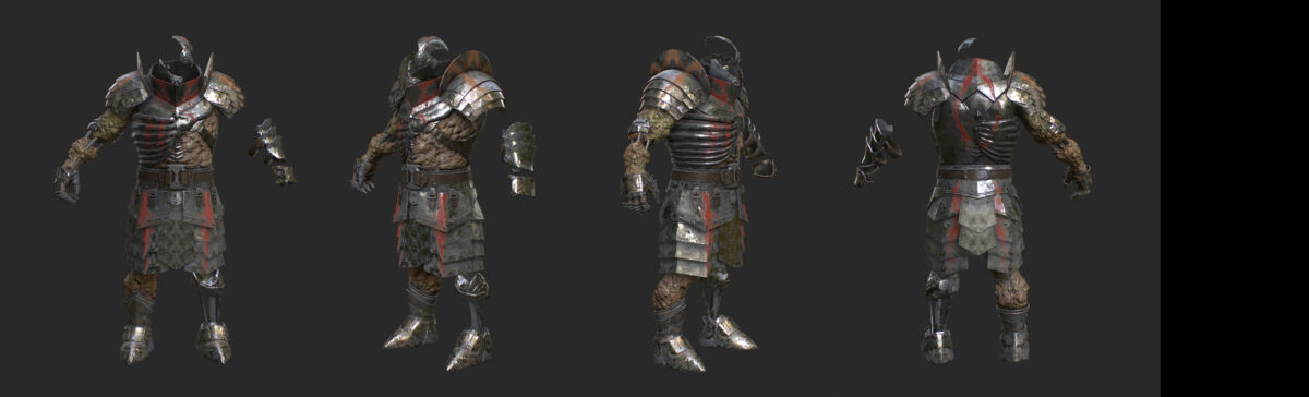 A rendering of a 3d character model's armor from a video game.